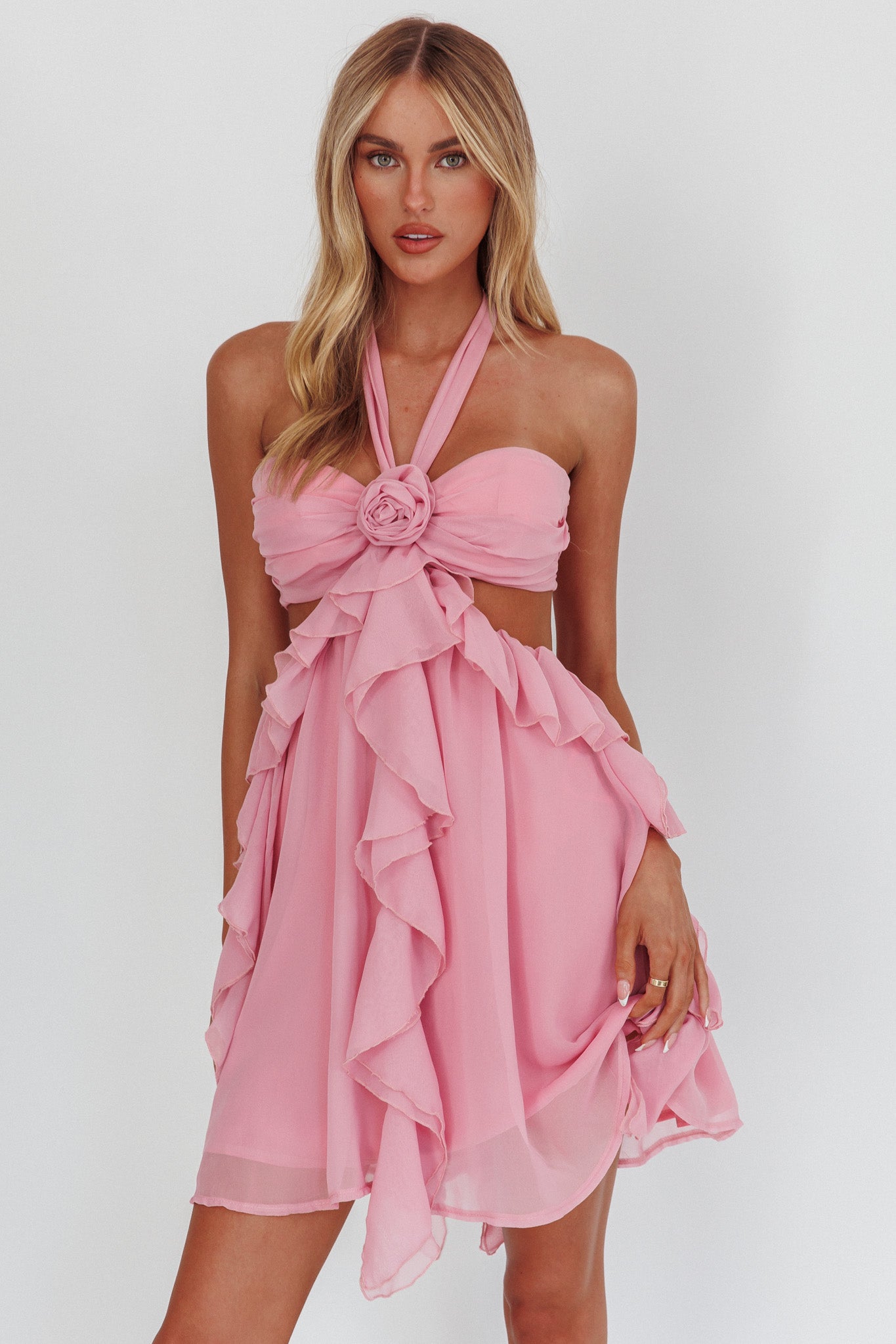 Santiago Cut-Out Ruffle Mini Dress Blush by Selfie Leslie Australia