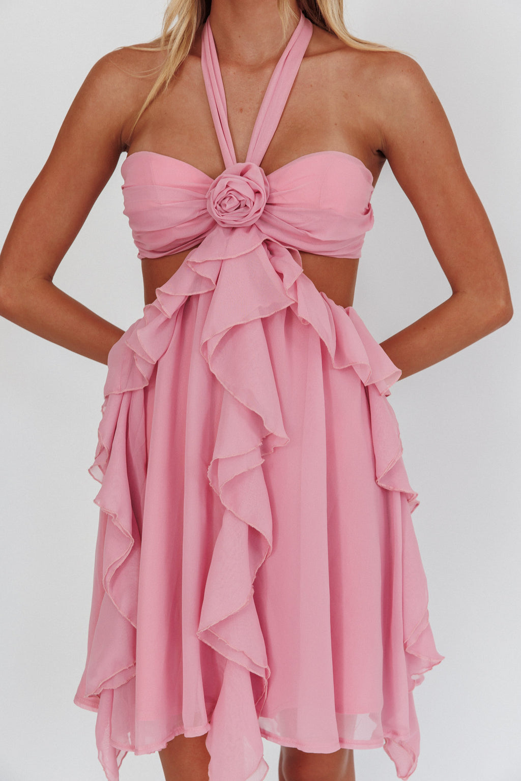 Santiago Cut-Out Ruffle Mini Dress Blush by Selfie Leslie Australia
