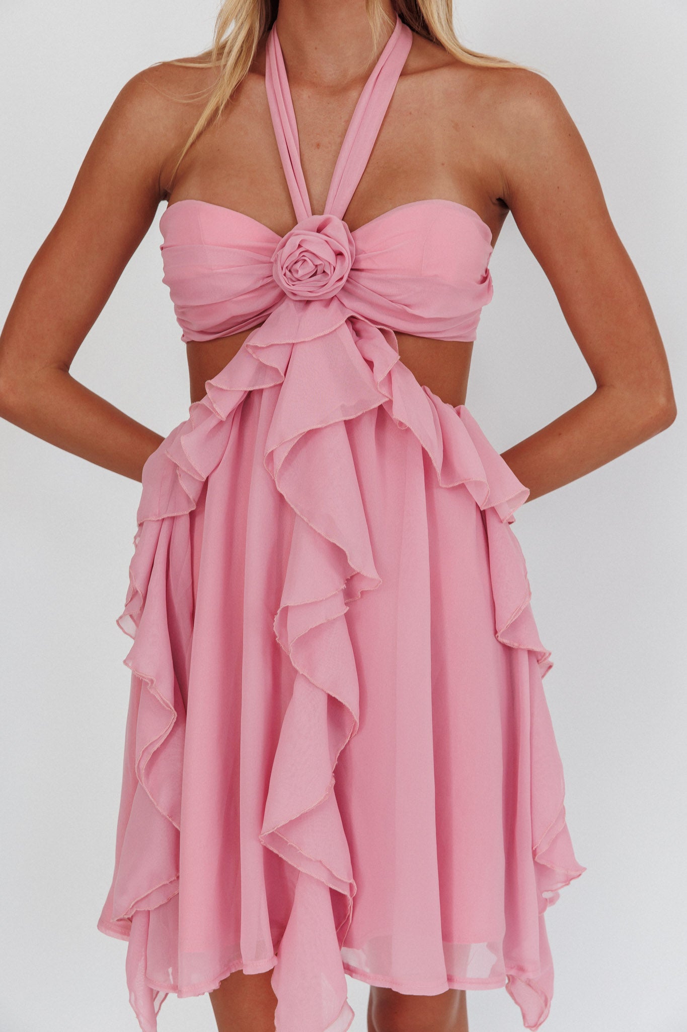 Santiago Cut-Out Ruffle Mini Dress Blush by Selfie Leslie Australia