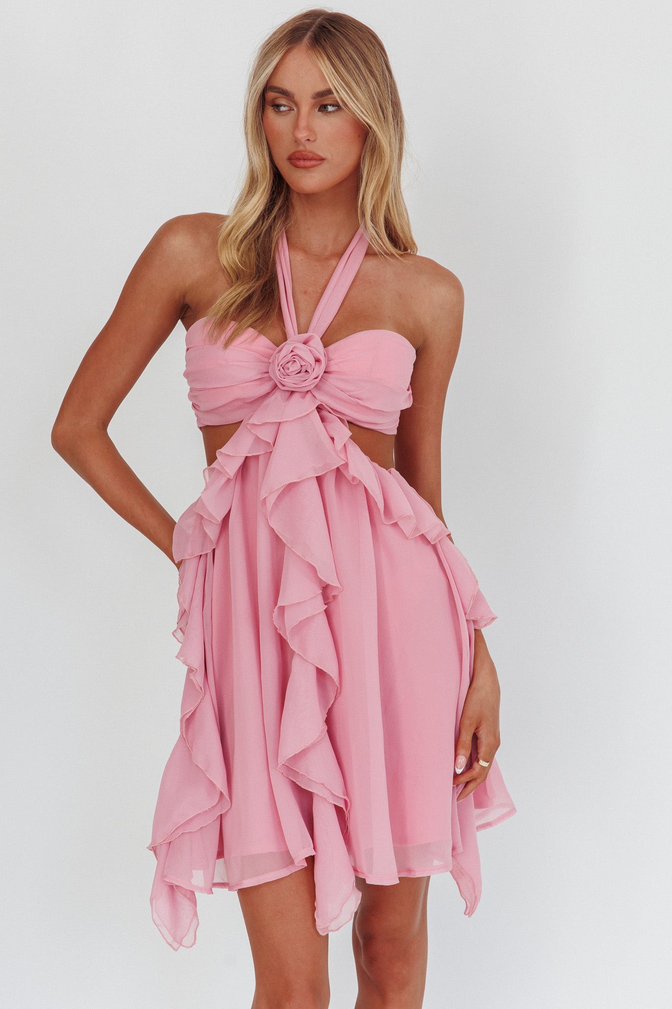 Santiago Cut-Out Ruffle Mini Dress Blush by Selfie Leslie Australia