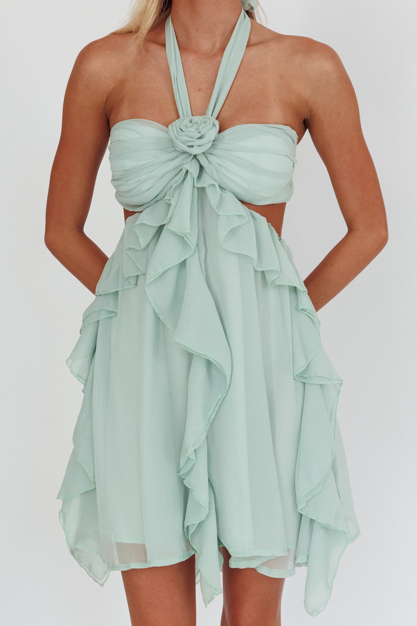 Santiago Cut-Out Ruffle Mini Dress Sage by Selfie Leslie Australia