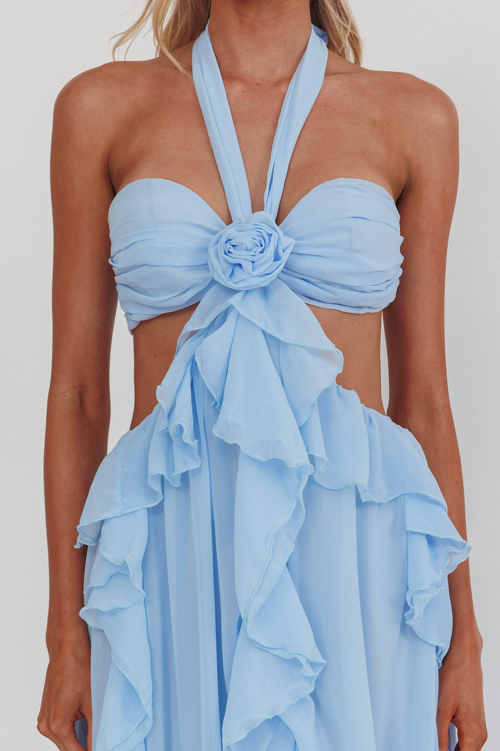 Santiago Cut-Out Ruffle Maxi Dress Ice Blue by Selfie Leslie Australia