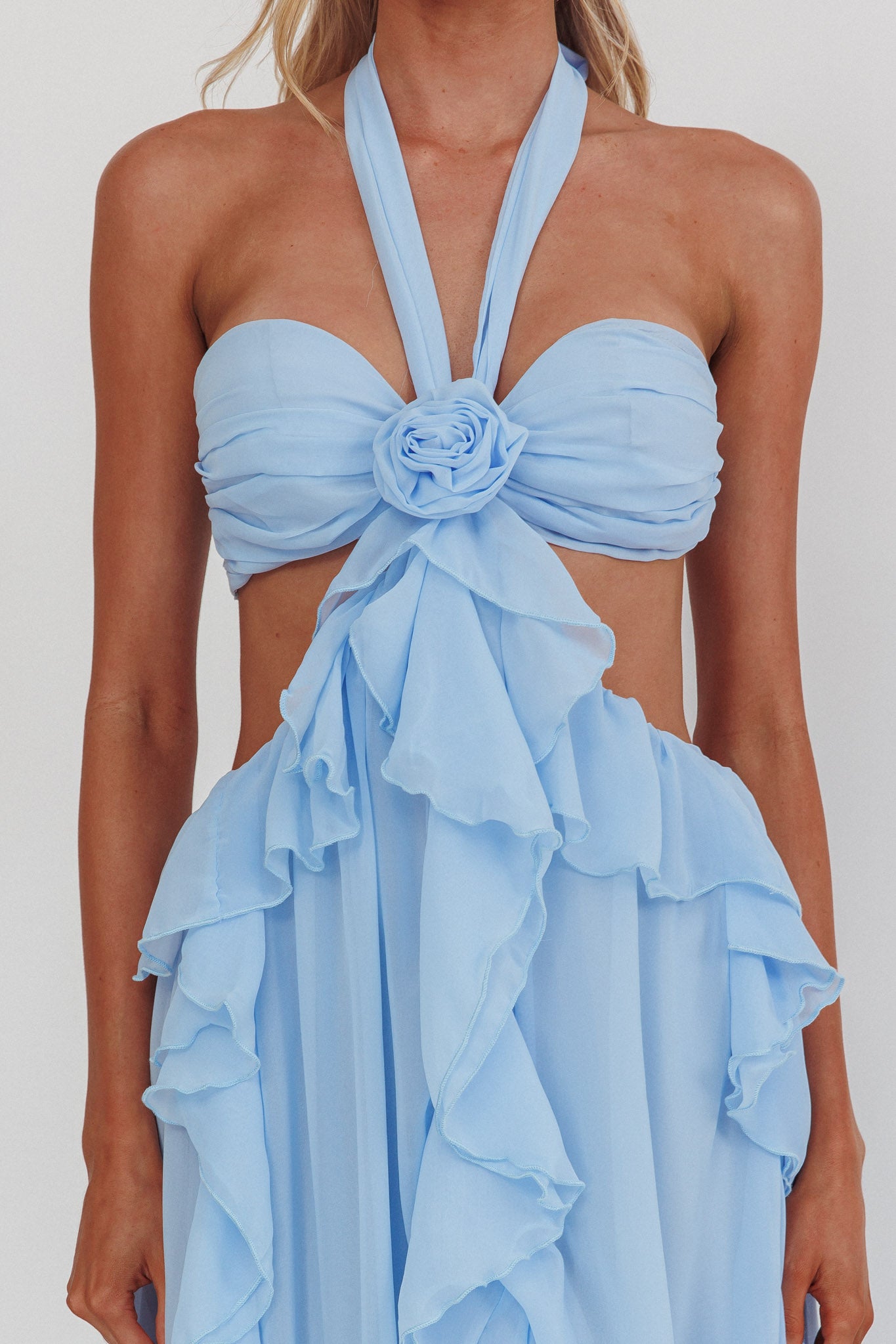 Santiago Cut-Out Ruffle Maxi Dress Ice Blue by Selfie Leslie Australia