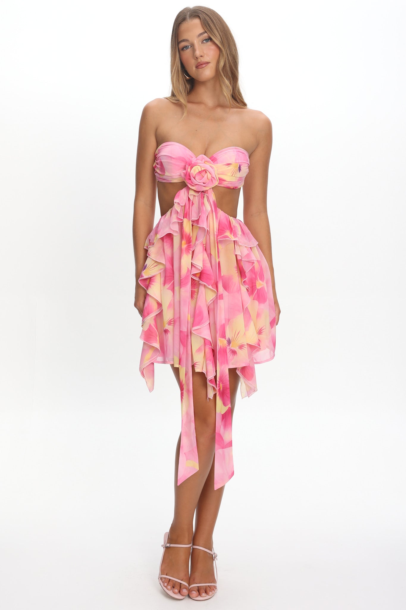 Santiago Cut-Out Ruffle Mini Dress Print Pink by Selfie Leslie Australia