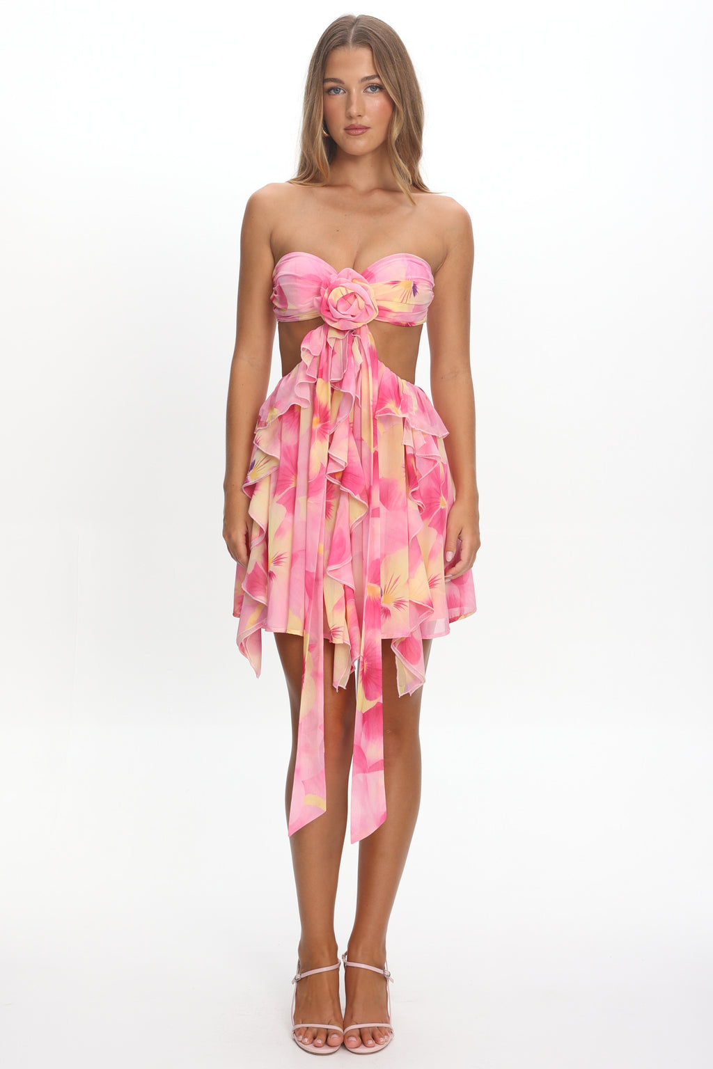 Santiago Cut-Out Ruffle Mini Dress Print Pink by Selfie Leslie Australia
