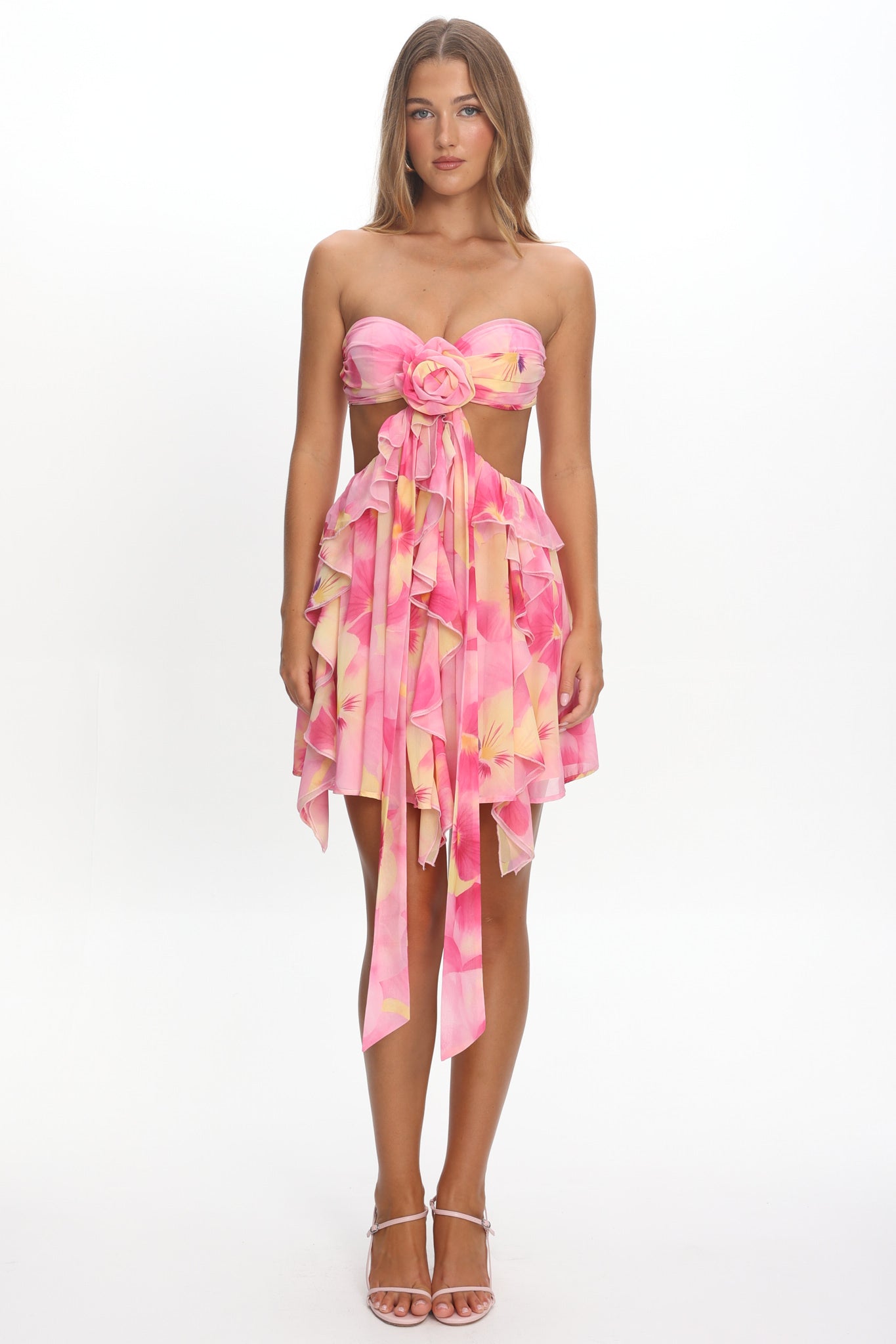 Santiago Cut-Out Ruffle Mini Dress Print Pink by Selfie Leslie Australia