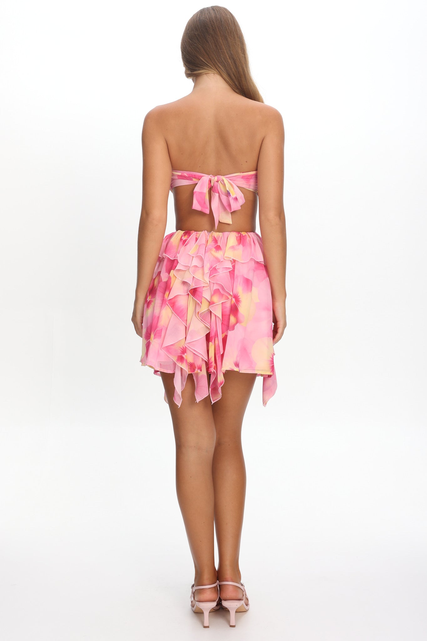Santiago Cut-Out Ruffle Mini Dress Print Pink by Selfie Leslie Australia