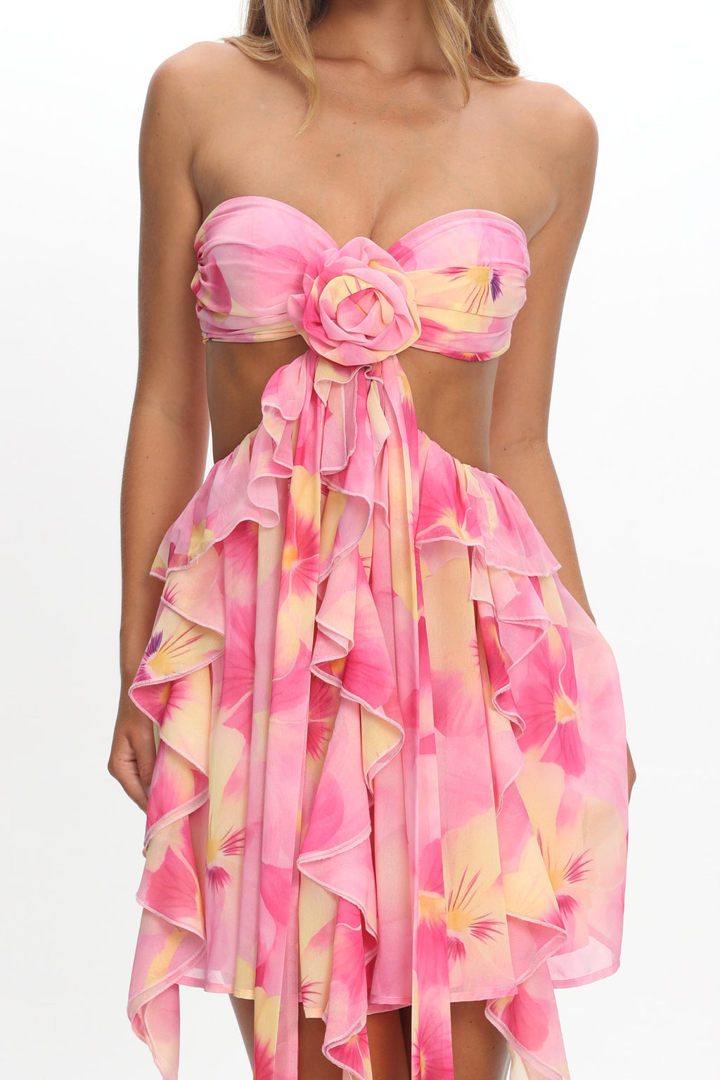 Santiago Cut-Out Ruffle Mini Dress Print Pink by Selfie Leslie Australia