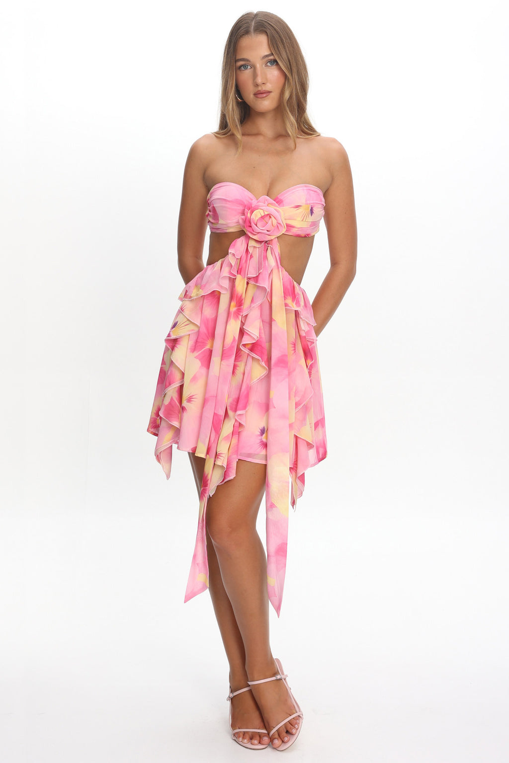Santiago Cut-Out Ruffle Mini Dress Print Pink by Selfie Leslie Australia
