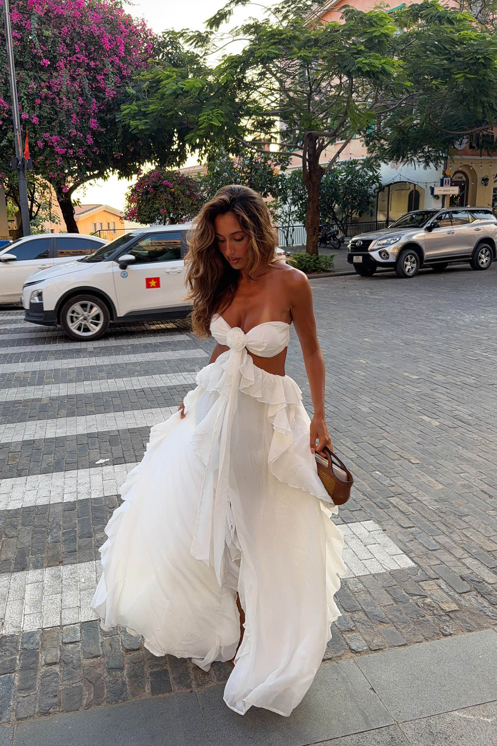Santiago Cut-Out Ruffle Maxi Dress White by Selfie Leslie Australia