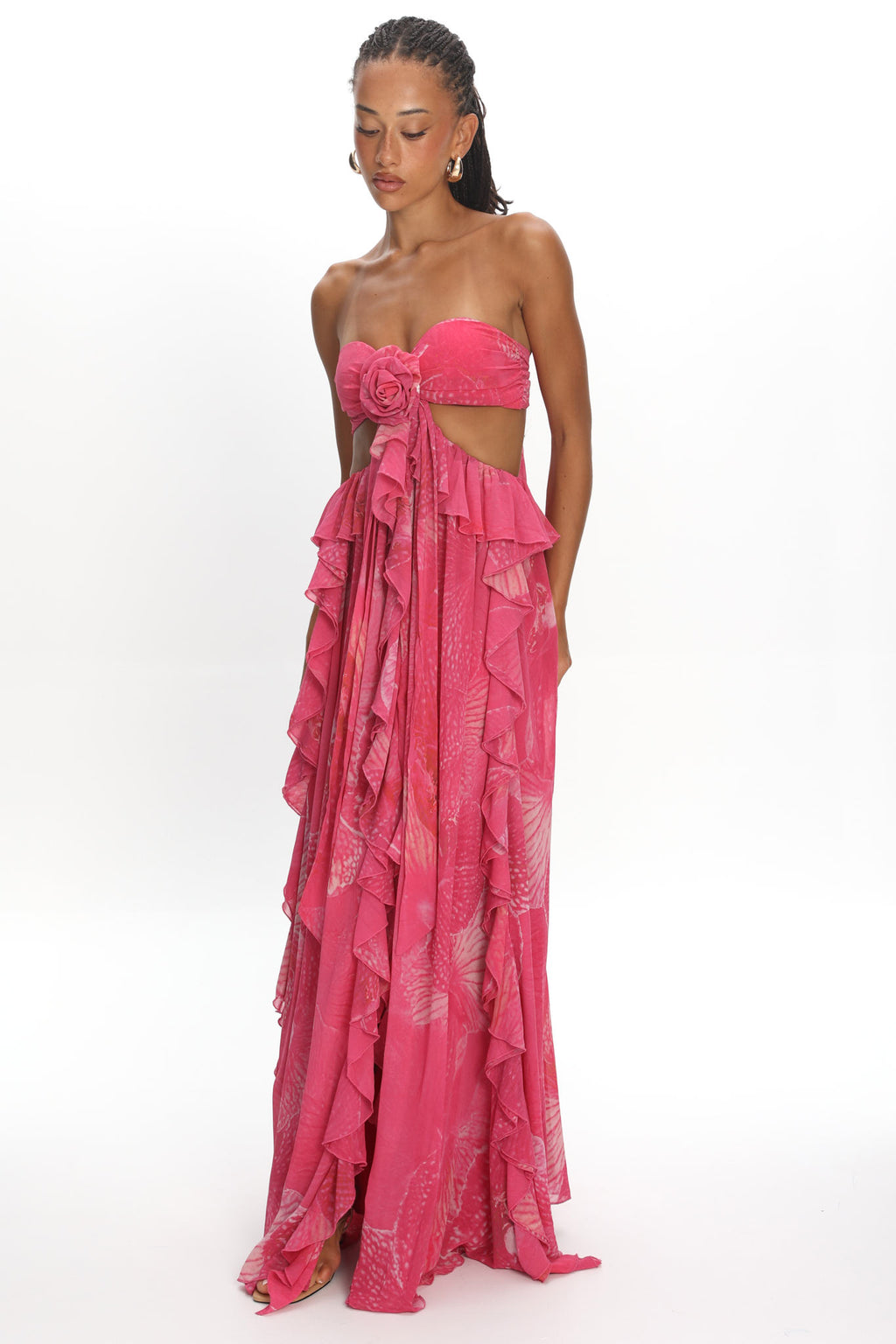 Santiago Cut-Out Ruffle Maxi Dress Print Pink by Selfie Leslie Australia