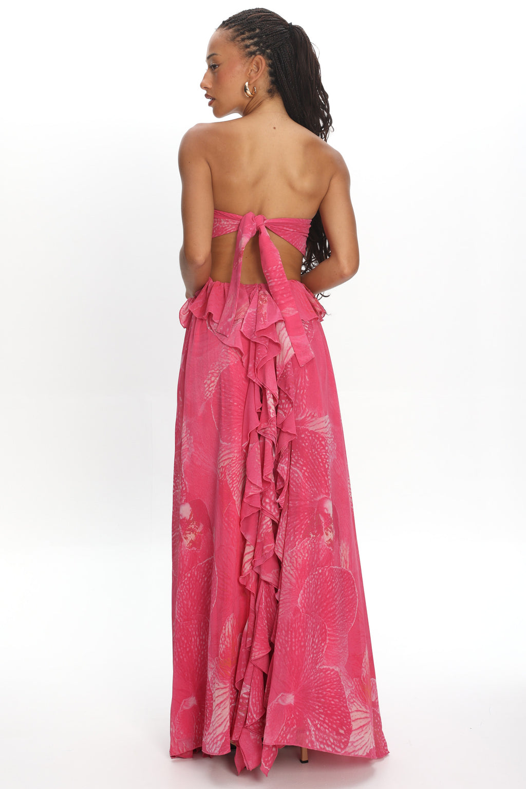 Santiago Cut-Out Ruffle Maxi Dress Print Pink by Selfie Leslie Australia