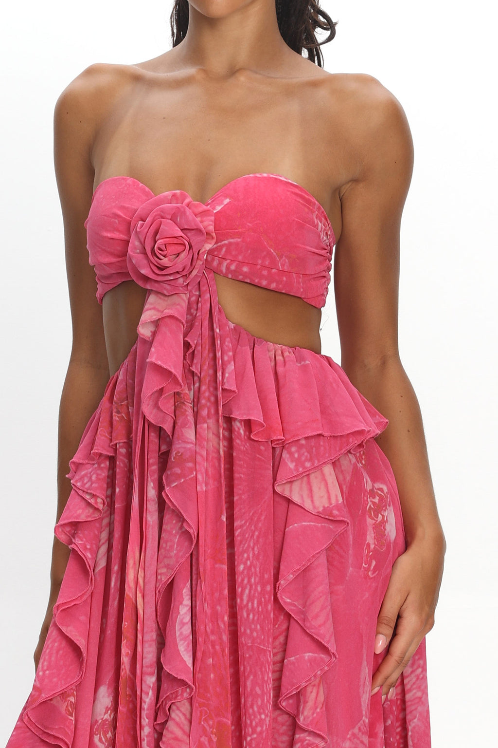 Santiago Cut-Out Ruffle Maxi Dress Print Pink by Selfie Leslie Australia