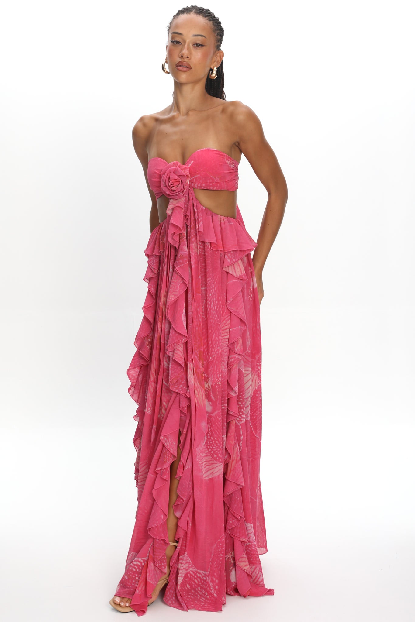 Santiago Cut-Out Ruffle Maxi Dress Print Pink by Selfie Leslie Australia
