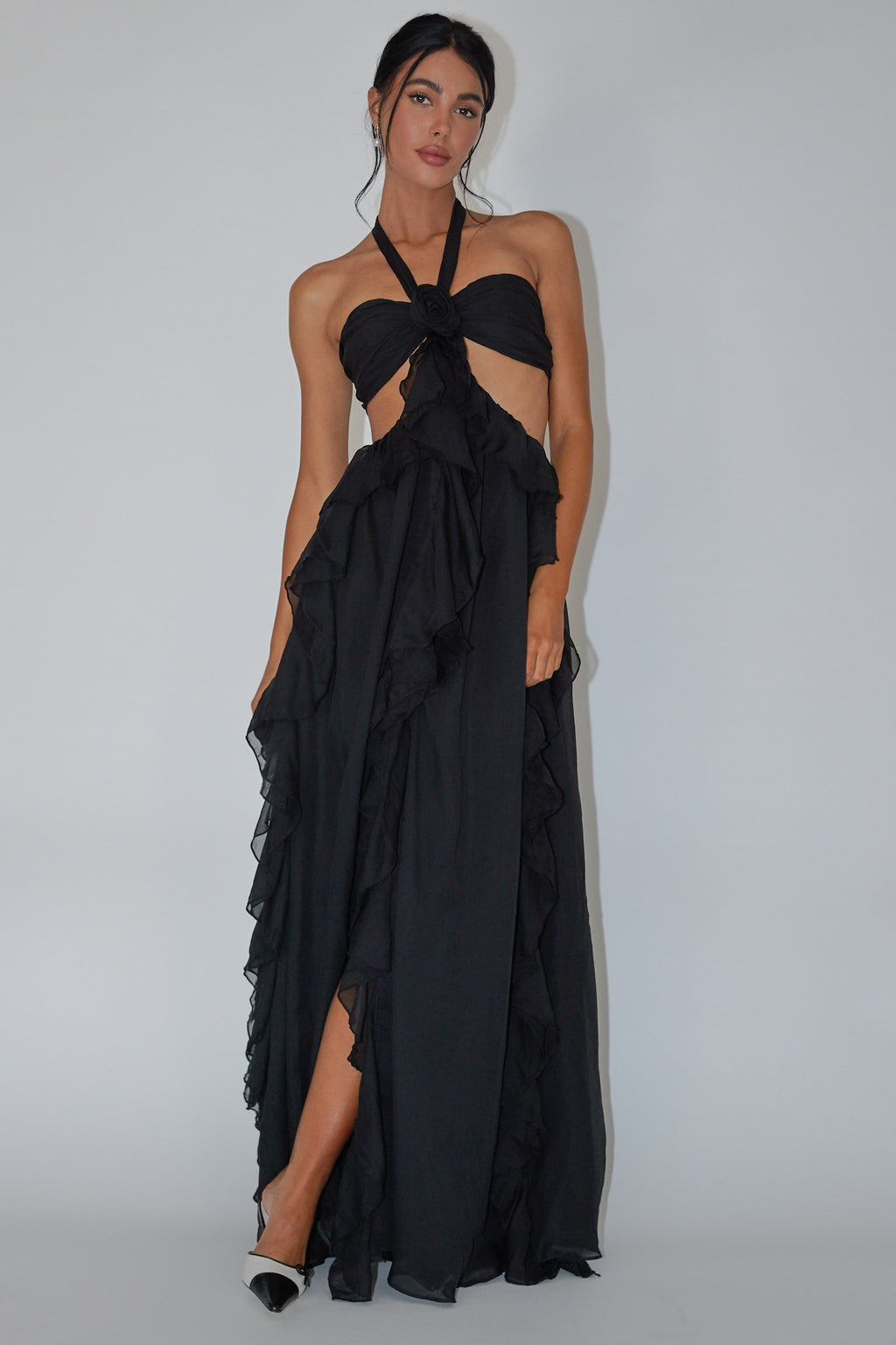 Santiago Cut-Out Ruffle Maxi Dress Black by Selfie Leslie Australia