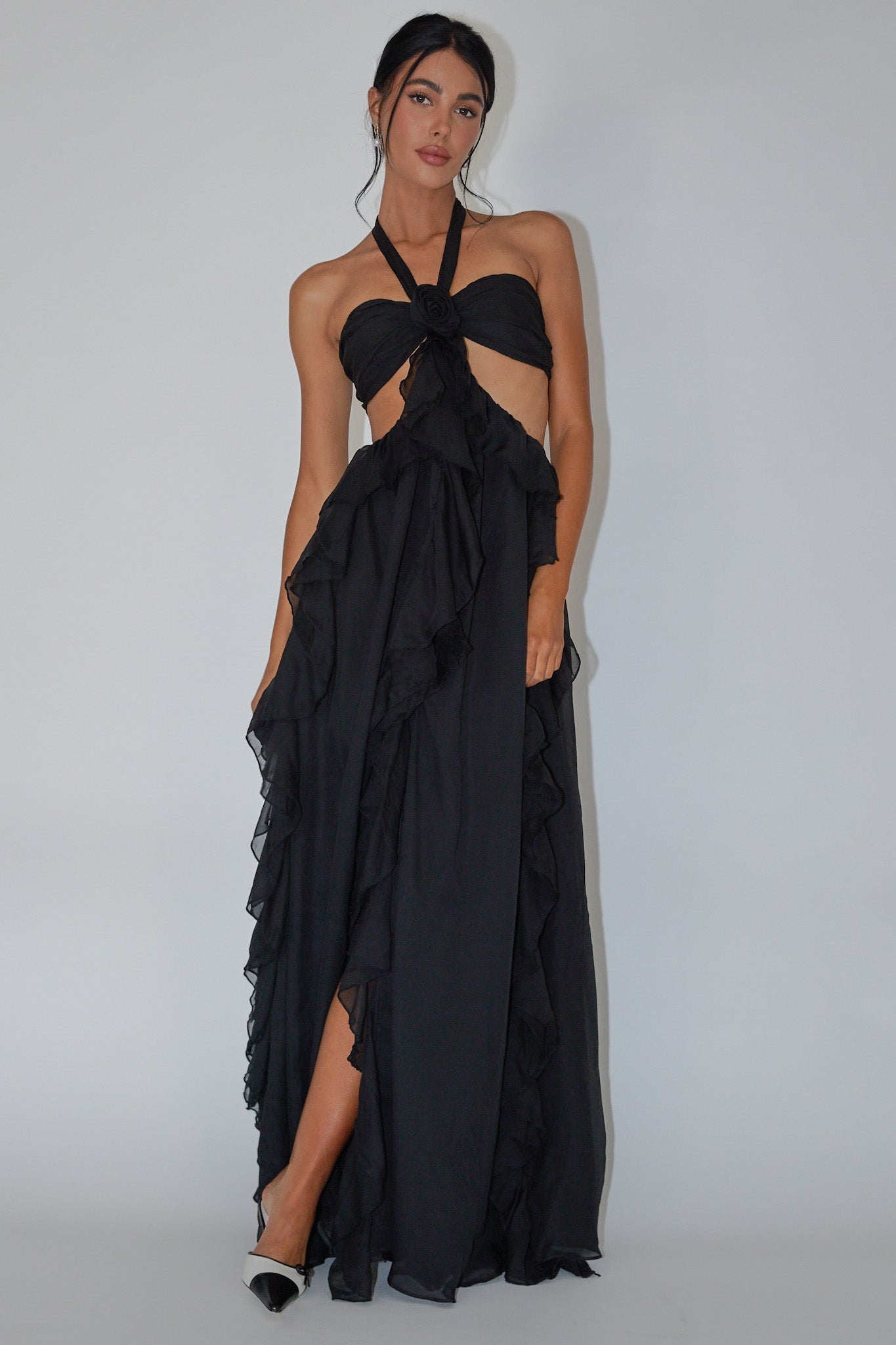 Santiago Cut-Out Ruffle Maxi Dress Black by Selfie Leslie Australia