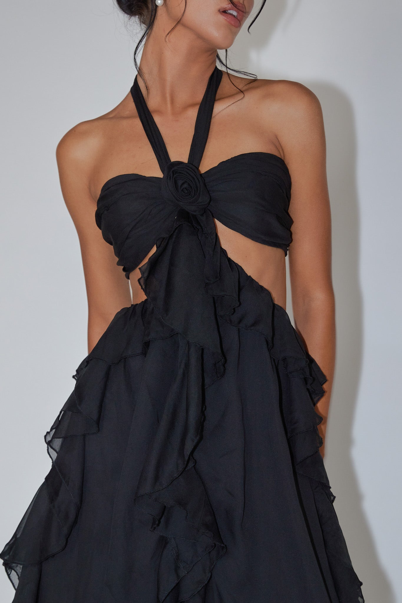 Santiago Cut-Out Ruffle Maxi Dress Black by Selfie Leslie Australia