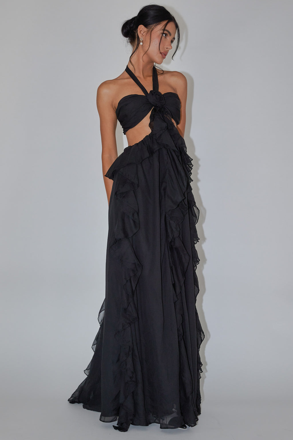 Santiago Cut-Out Ruffle Maxi Dress Black by Selfie Leslie Australia