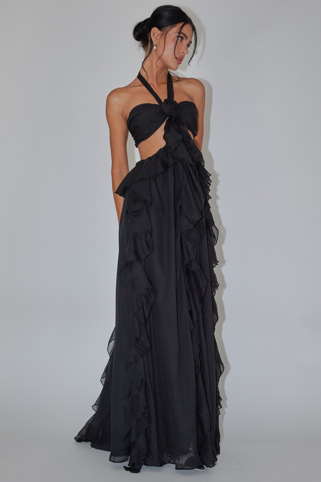 Santiago Cut-Out Ruffle Maxi Dress Black by Selfie Leslie Australia