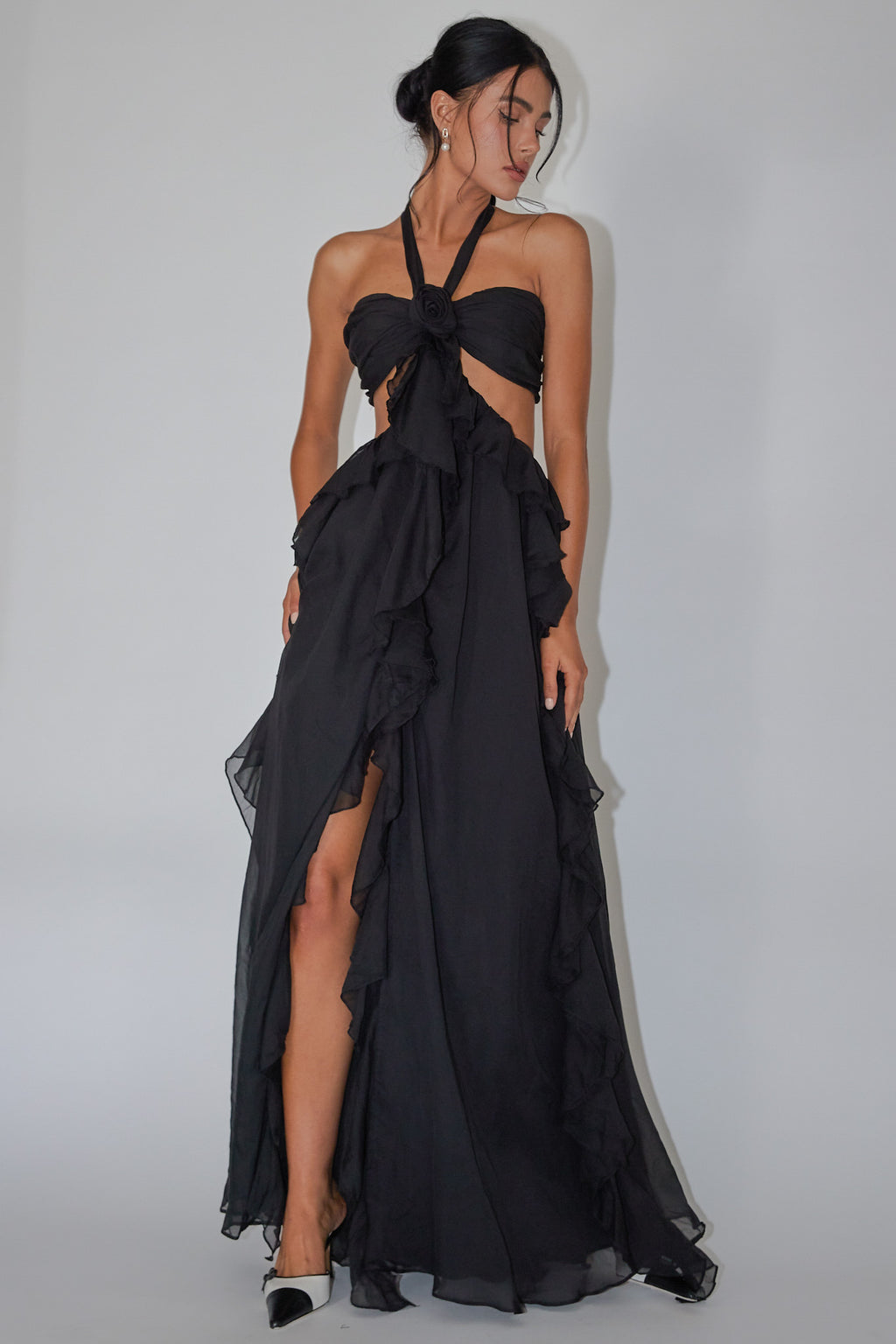 Santiago Cut-Out Ruffle Maxi Dress Black by Selfie Leslie Australia