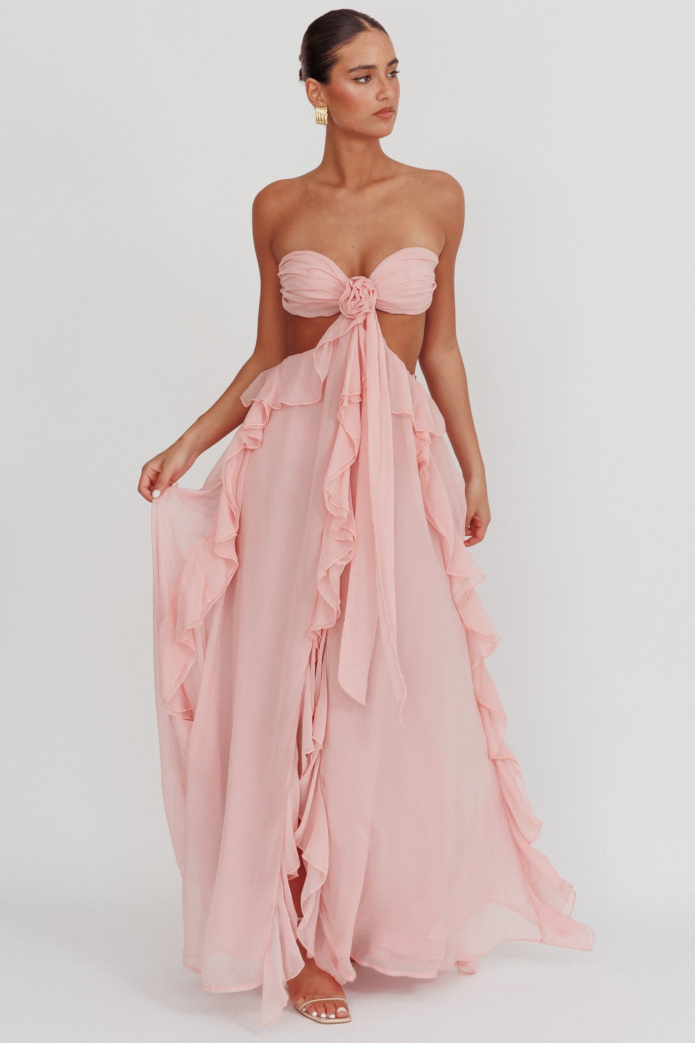 Santiago Cut-Out Ruffle Maxi Dress Blush by Selfie Leslie Australia