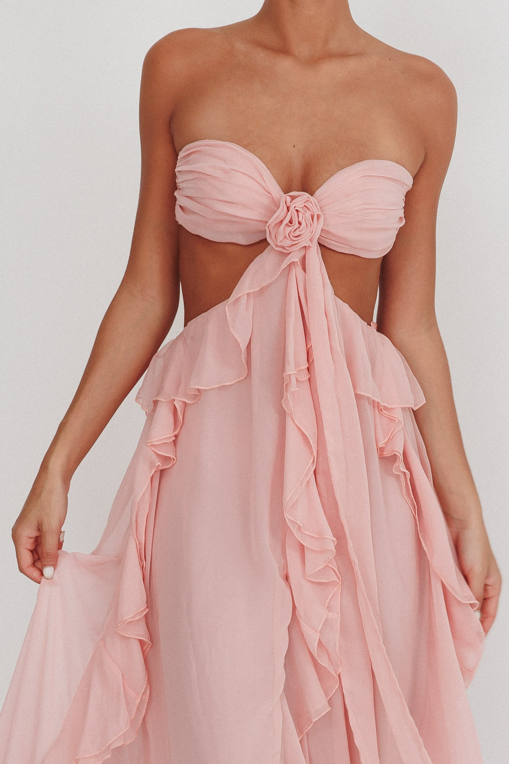 Santiago Cut-Out Ruffle Maxi Dress Blush by Selfie Leslie Australia