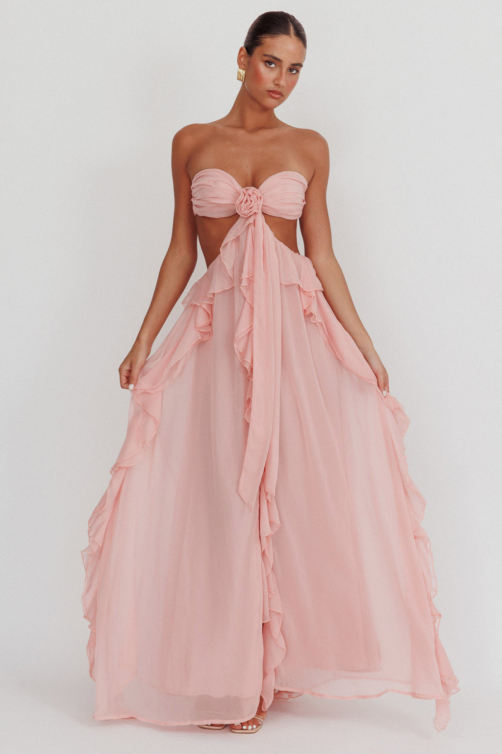 Santiago Cut-Out Ruffle Maxi Dress Blush by Selfie Leslie Australia