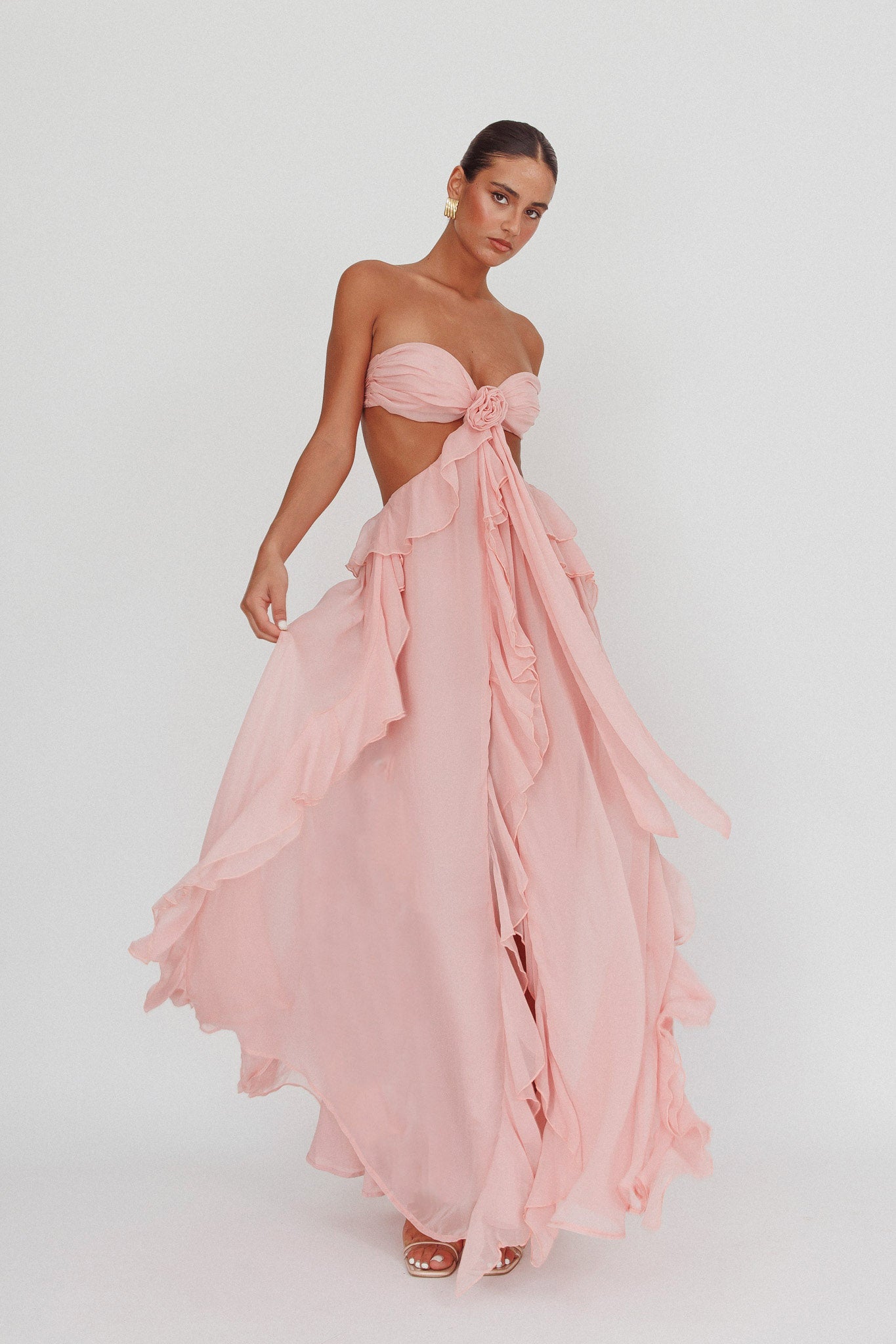 Santiago Cut-Out Ruffle Maxi Dress Blush by Selfie Leslie Australia