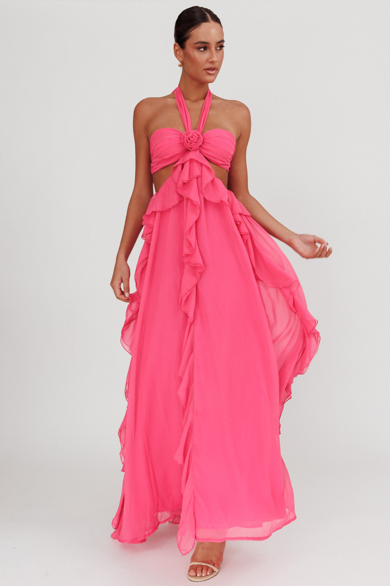 Santiago Cut-Out Ruffle Maxi Dress Fuchsia by Selfie Leslie Australia