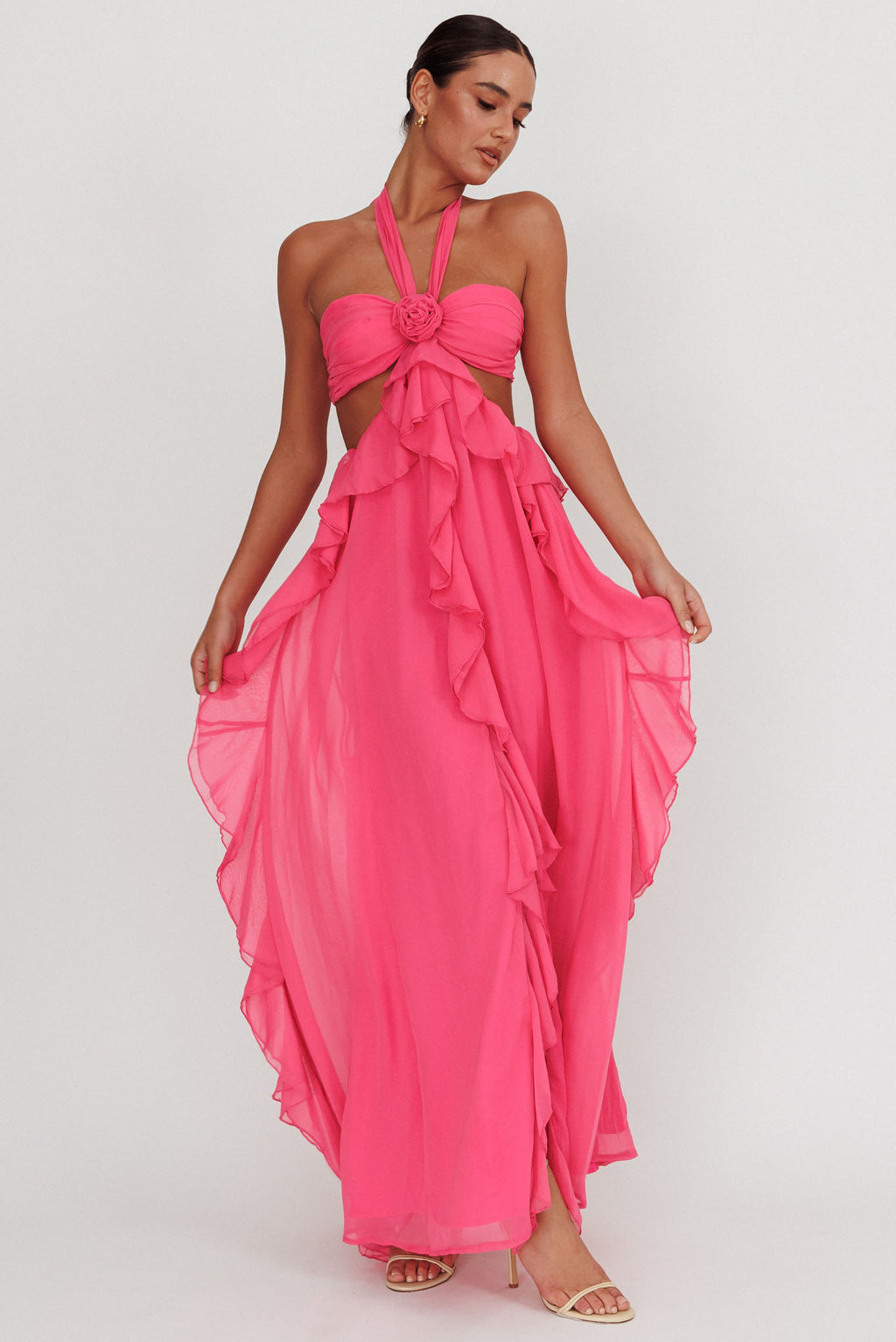 Santiago Cut-Out Ruffle Maxi Dress Fuchsia by Selfie Leslie Australia