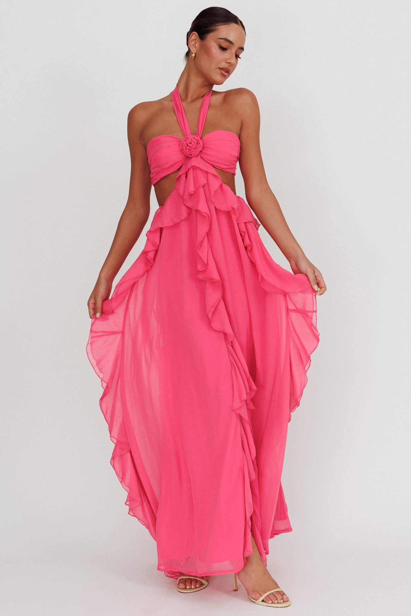 Santiago Cut-Out Ruffle Maxi Dress Fuchsia by Selfie Leslie Australia