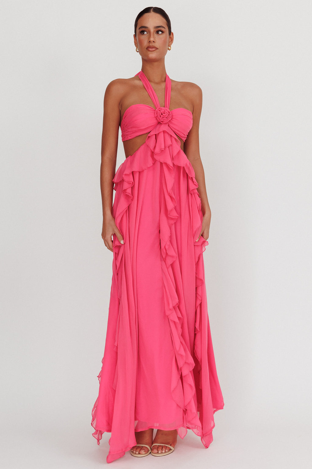 Santiago Cut-Out Ruffle Maxi Dress Fuchsia by Selfie Leslie Australia