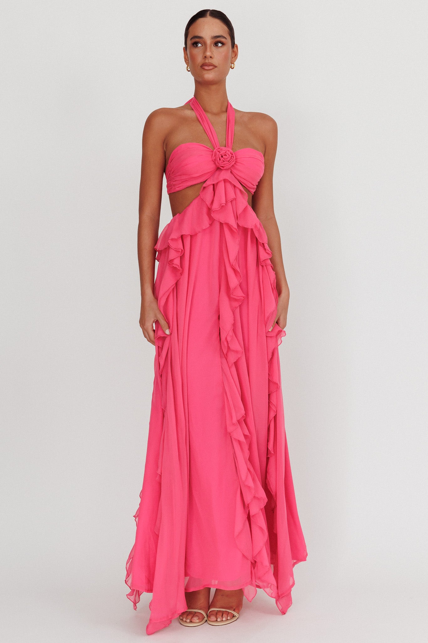 Santiago Cut-Out Ruffle Maxi Dress Fuchsia by Selfie Leslie Australia