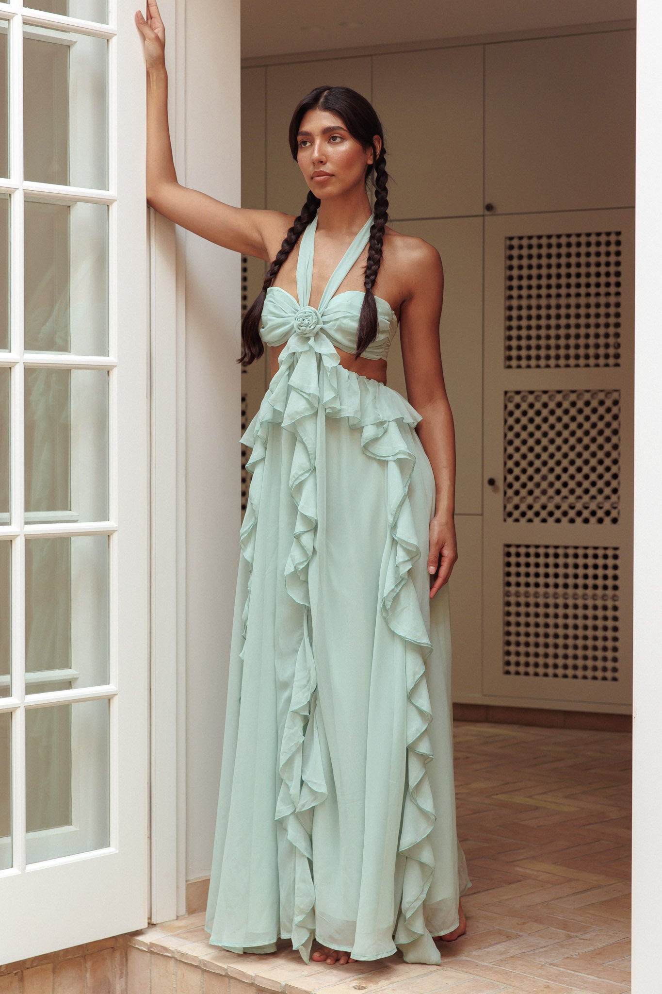 Santiago Cut-Out Ruffle Maxi Dress Sage by Selfie Leslie Australia