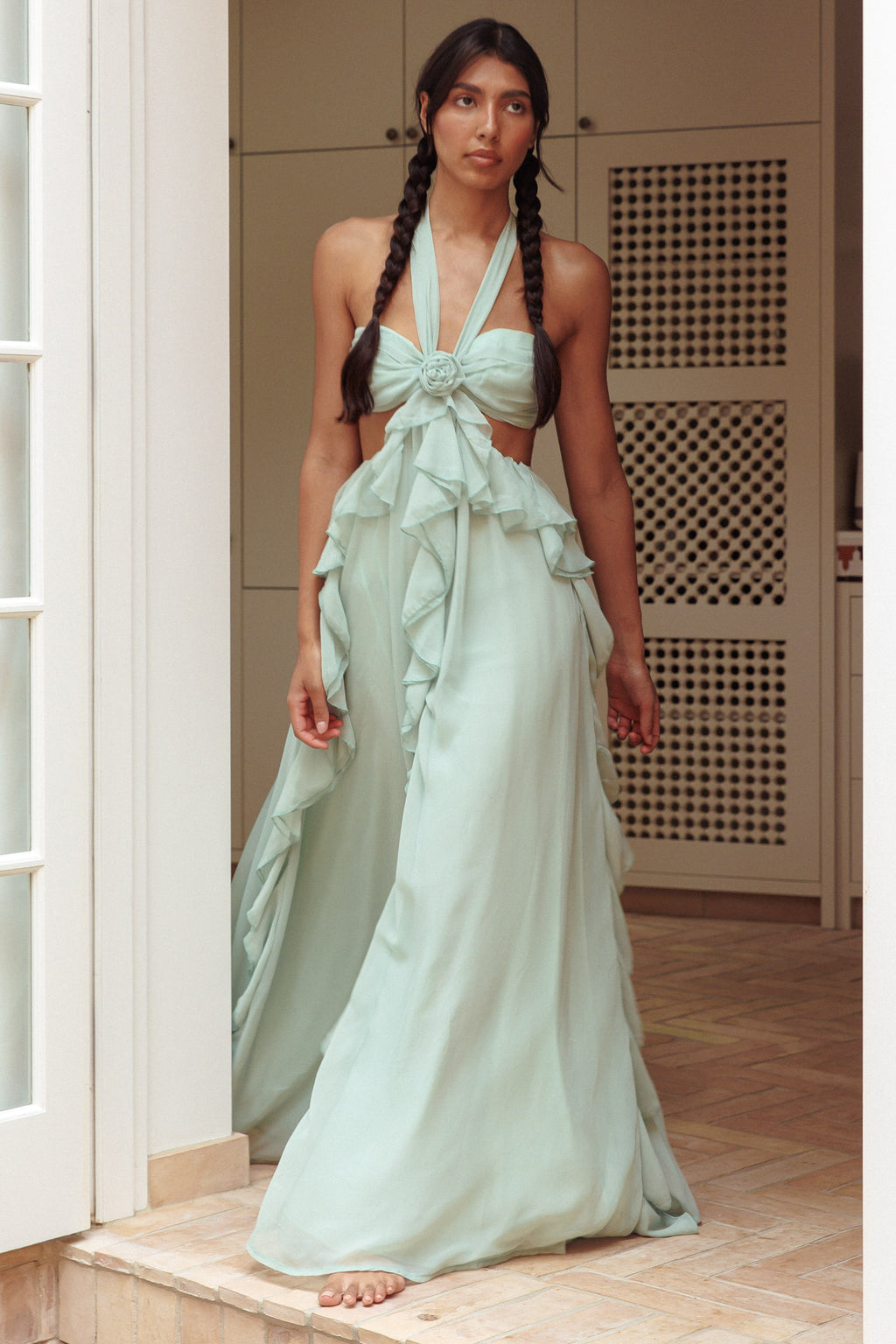 Santiago Cut-Out Ruffle Maxi Dress Sage by Selfie Leslie Australia