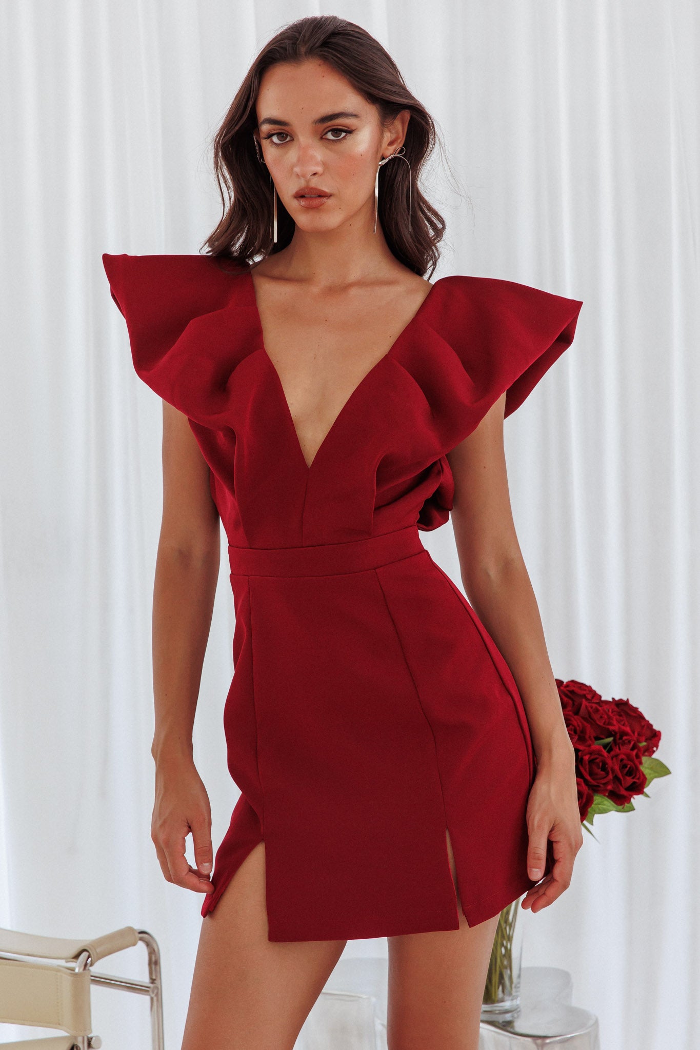 Liardon Bubble Sleeve V-Neckline Mini Dress Wine by Selfie Leslie Australia