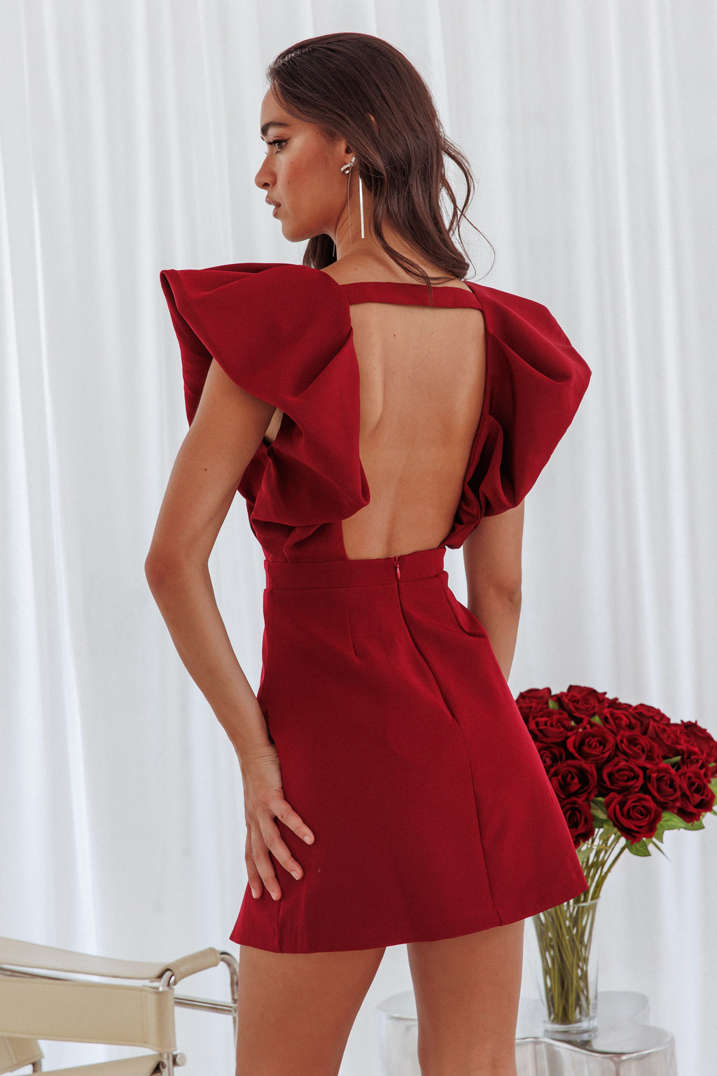 Liardon Bubble Sleeve V-Neckline Mini Dress Wine by Selfie Leslie Australia