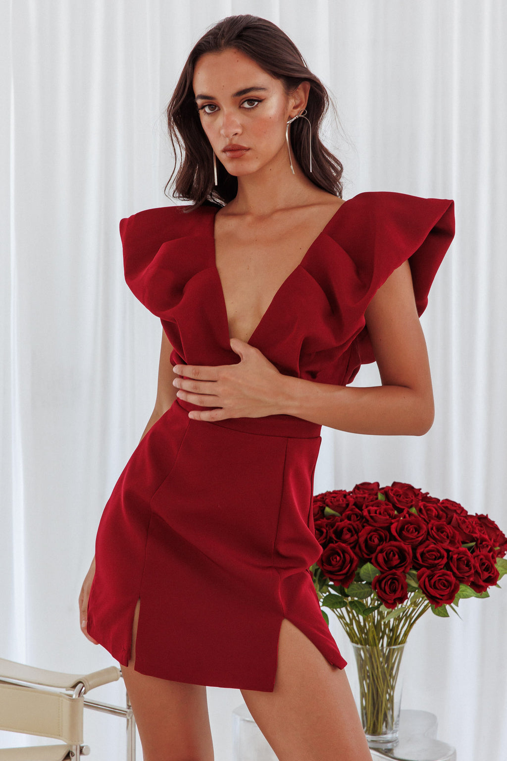 Liardon Bubble Sleeve V-Neckline Mini Dress Wine by Selfie Leslie Australia