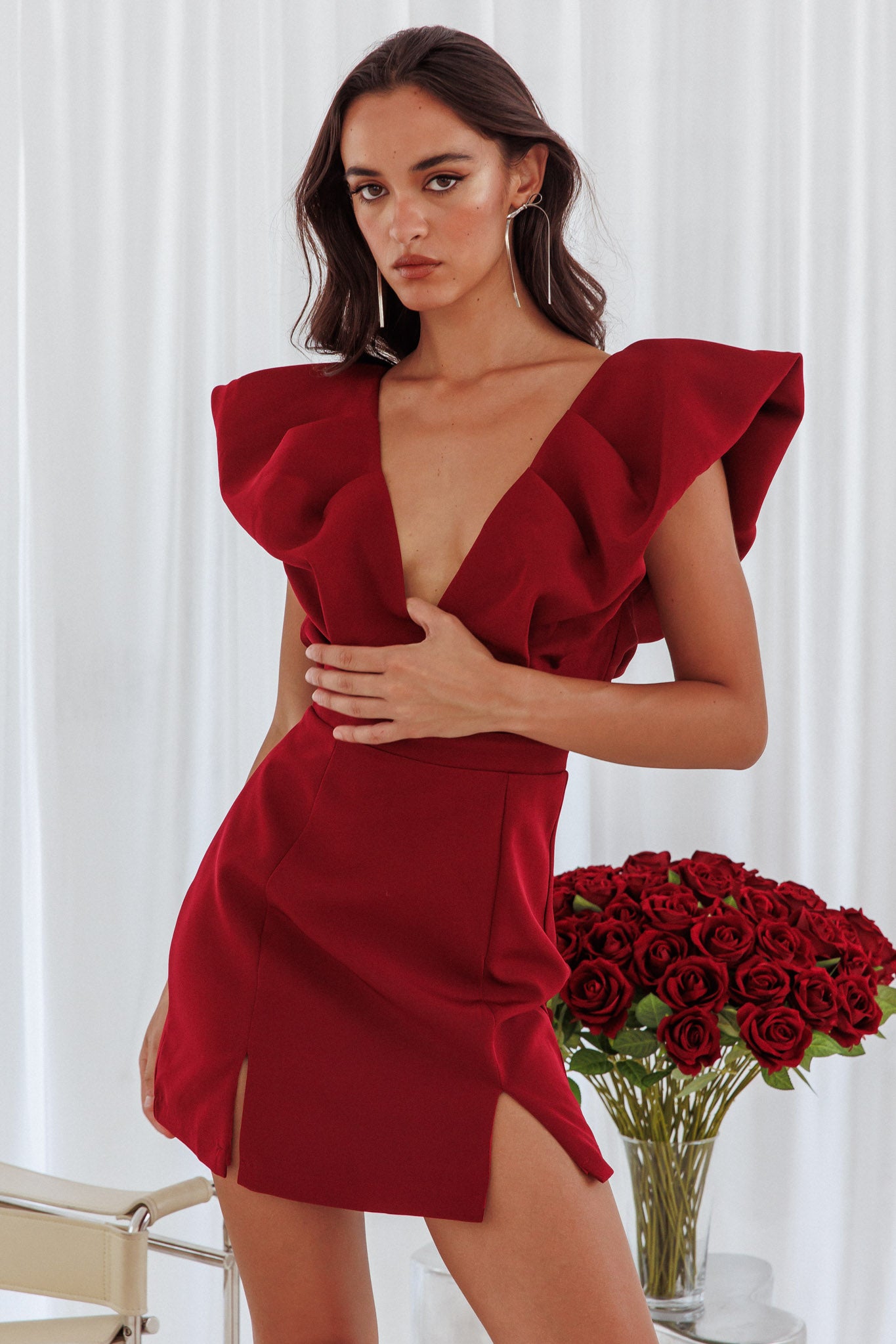 Liardon Bubble Sleeve V-Neckline Mini Dress Wine by Selfie Leslie Australia