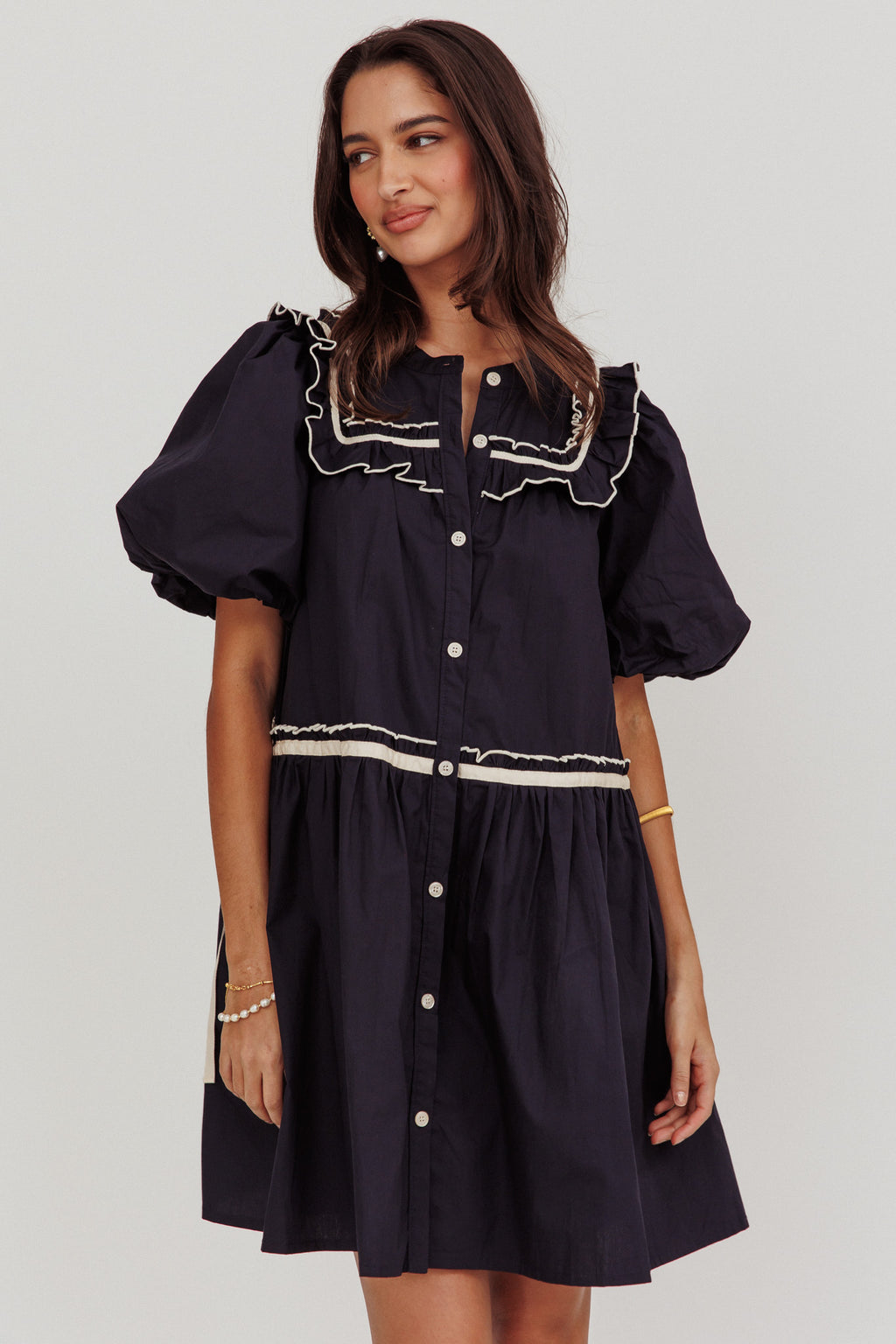 Late Spring Puff Sleeves Ruffle Mini Dress Navy by Selfie Leslie Australia