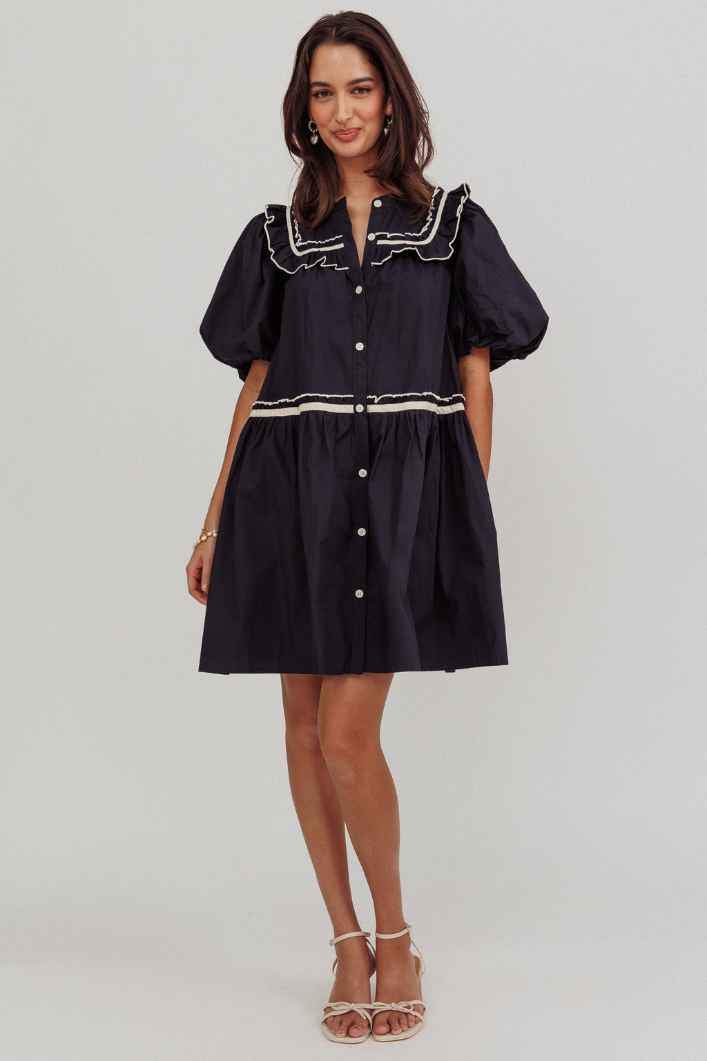 Late Spring Puff Sleeves Ruffle Mini Dress Navy by Selfie Leslie Australia