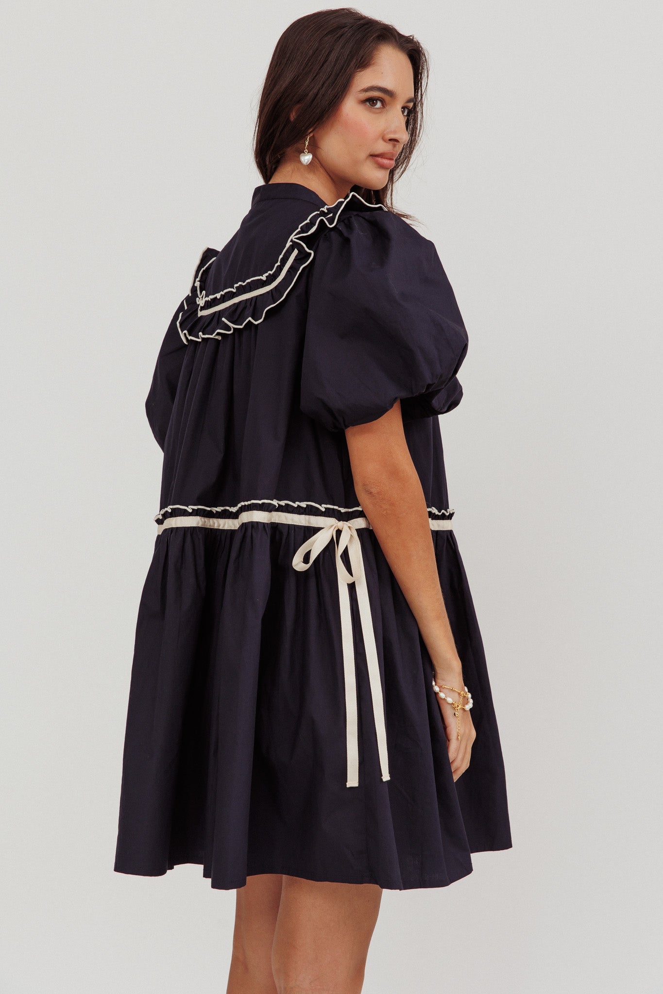 Late Spring Puff Sleeves Ruffle Mini Dress Navy by Selfie Leslie Australia