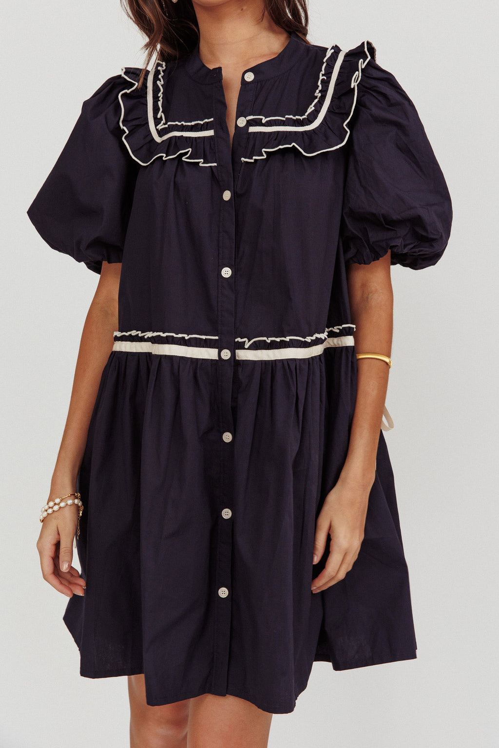 Late Spring Puff Sleeves Ruffle Mini Dress Navy by Selfie Leslie Australia