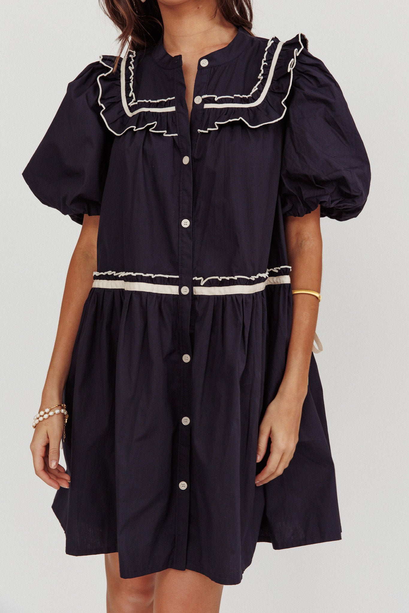 Late Spring Puff Sleeves Ruffle Mini Dress Navy by Selfie Leslie Australia