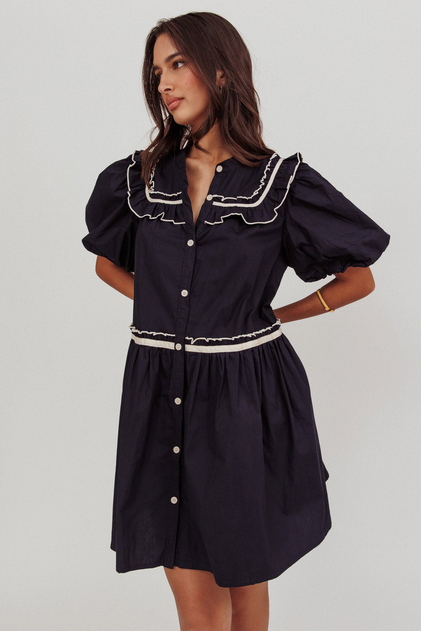 Late Spring Puff Sleeves Ruffle Mini Dress Navy by Selfie Leslie Australia