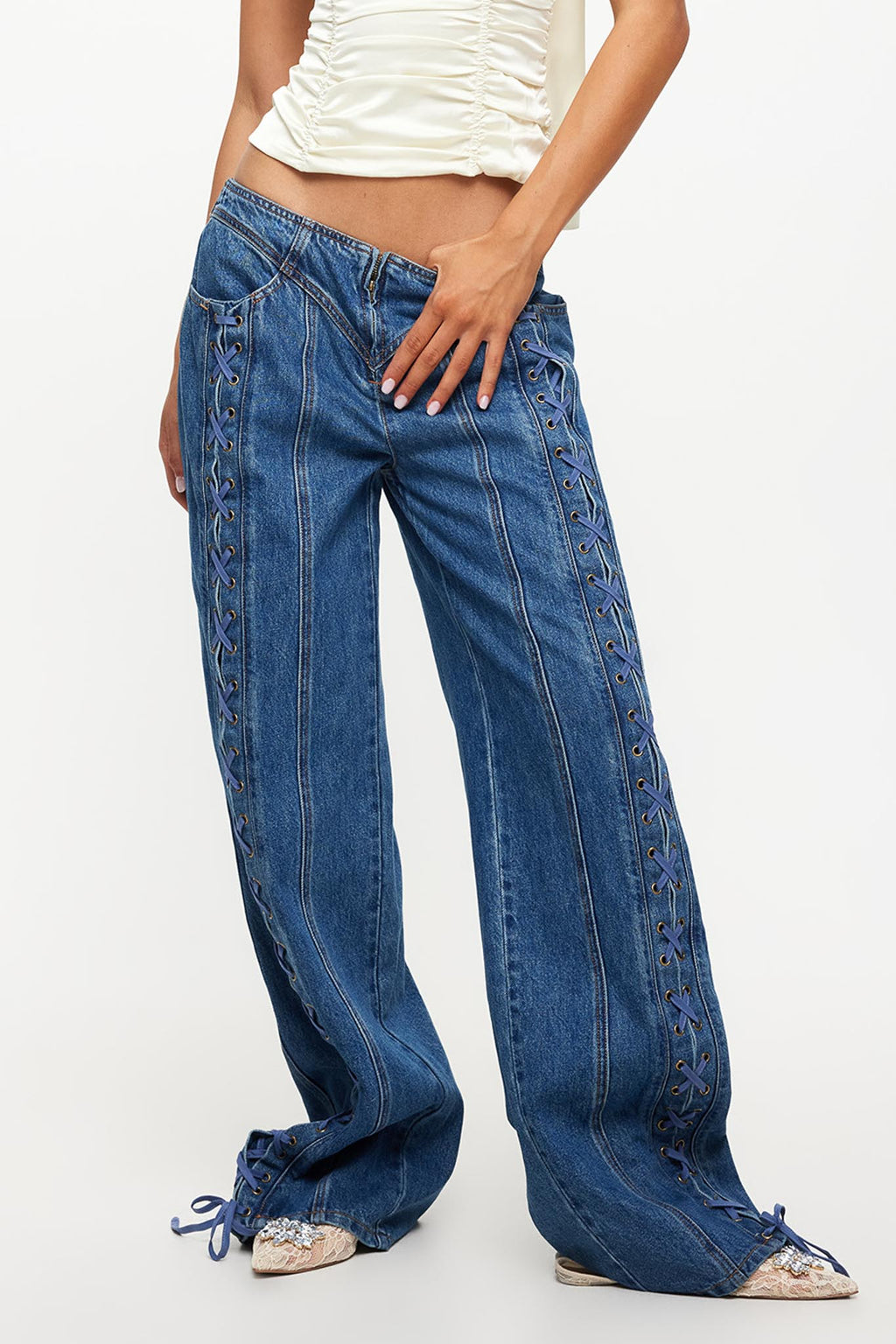 LIONESS Daydream Tie-Up Jeans Blue Denim by Selfie Leslie Australia