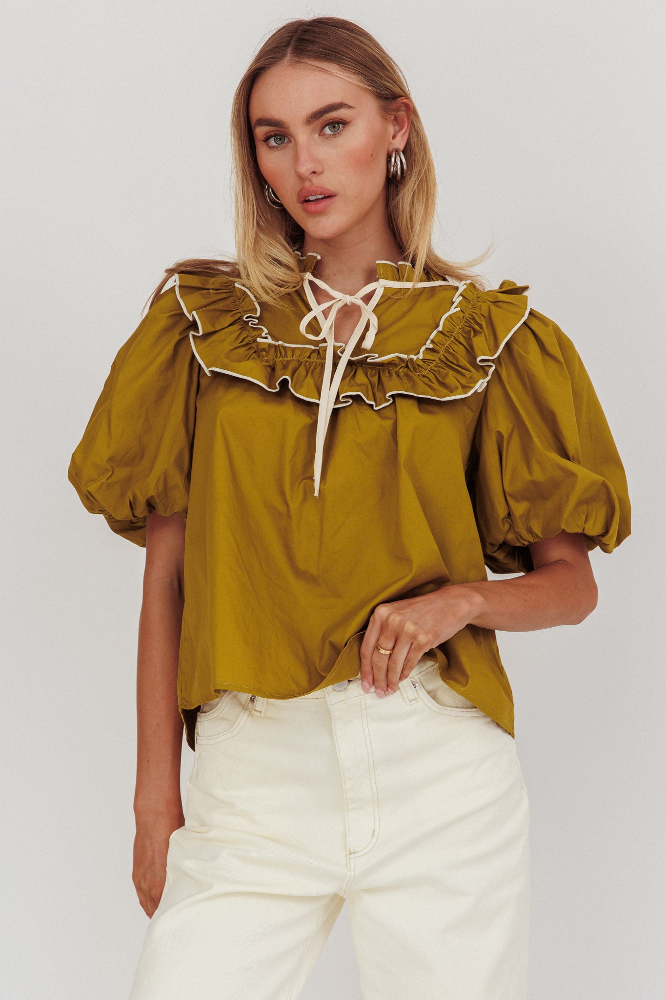 Remarkable Puff Sleeve Tied Neck Top Olive by Selfie Leslie Australia