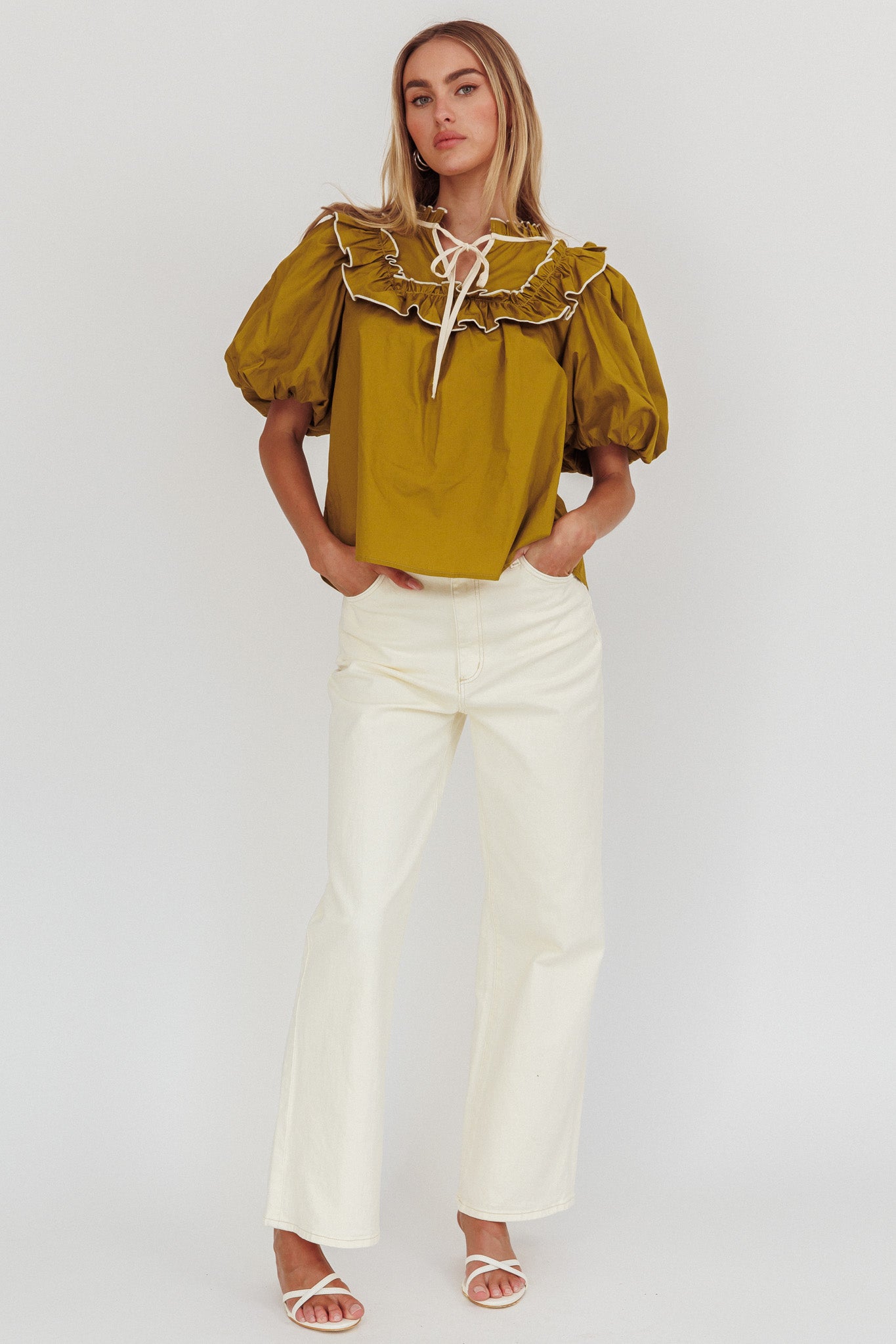 Remarkable Puff Sleeve Tied Neck Top Olive by Selfie Leslie Australia