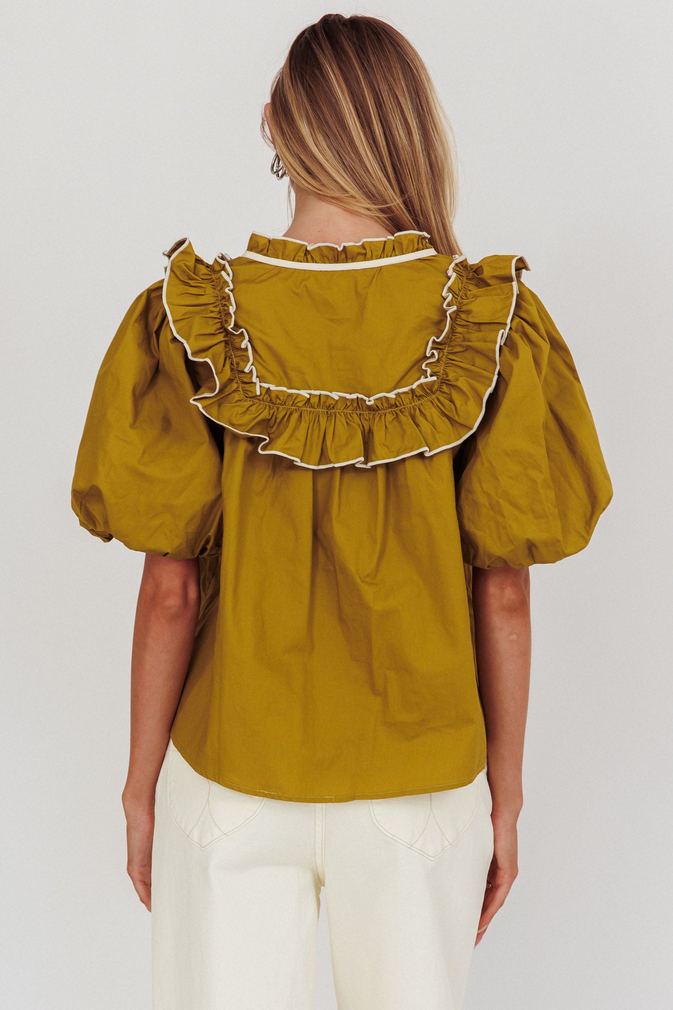 Remarkable Puff Sleeve Tied Neck Top Olive by Selfie Leslie Australia