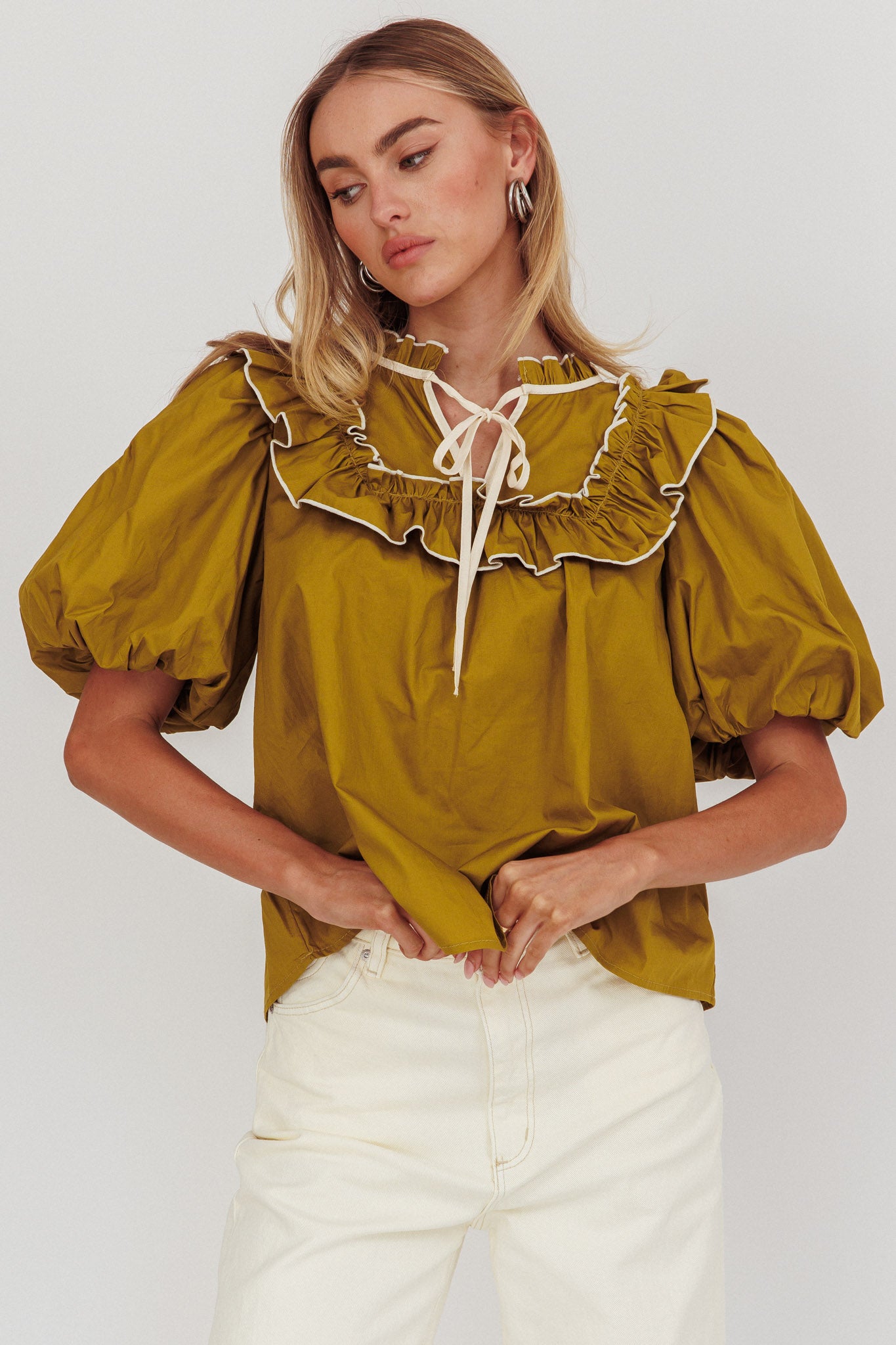 Remarkable Puff Sleeve Tied Neck Top Olive by Selfie Leslie Australia
